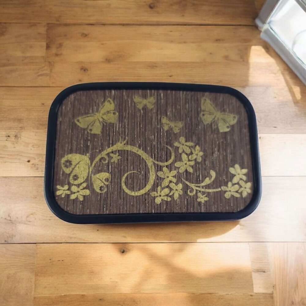 Belt Buckle Women's Wood Lasered Butterflies Flowers‎ Buckle-Down Black Metal
